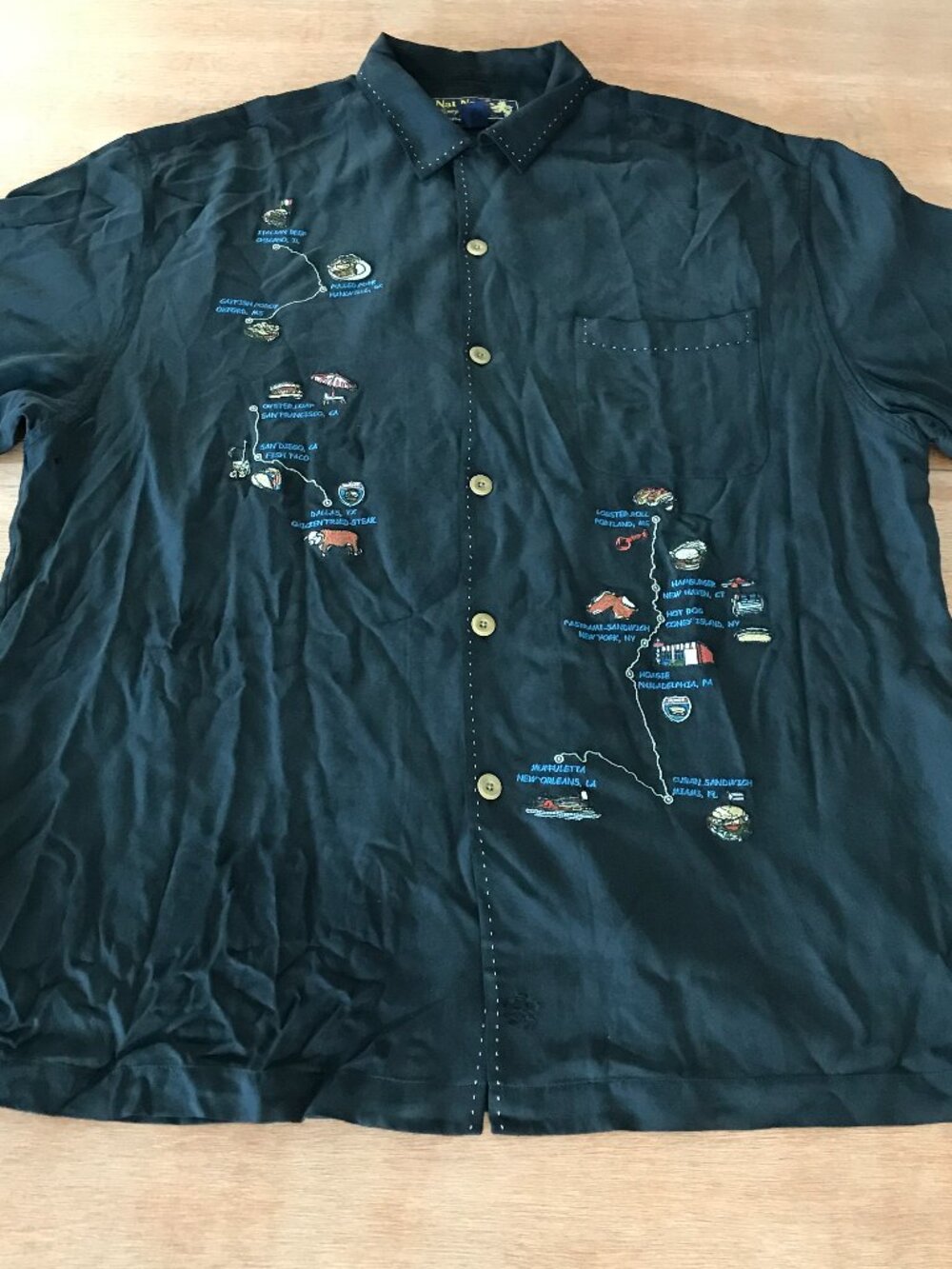 Nat Nast 100% Silk Search of the Perfect Sandwich Camp Shirt Men L Black 19550
